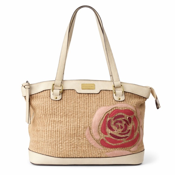 Liz Claiborne Handbags - Liz Claiborne Woven Straw & Leather Floral Tote Bag Tan Pink
